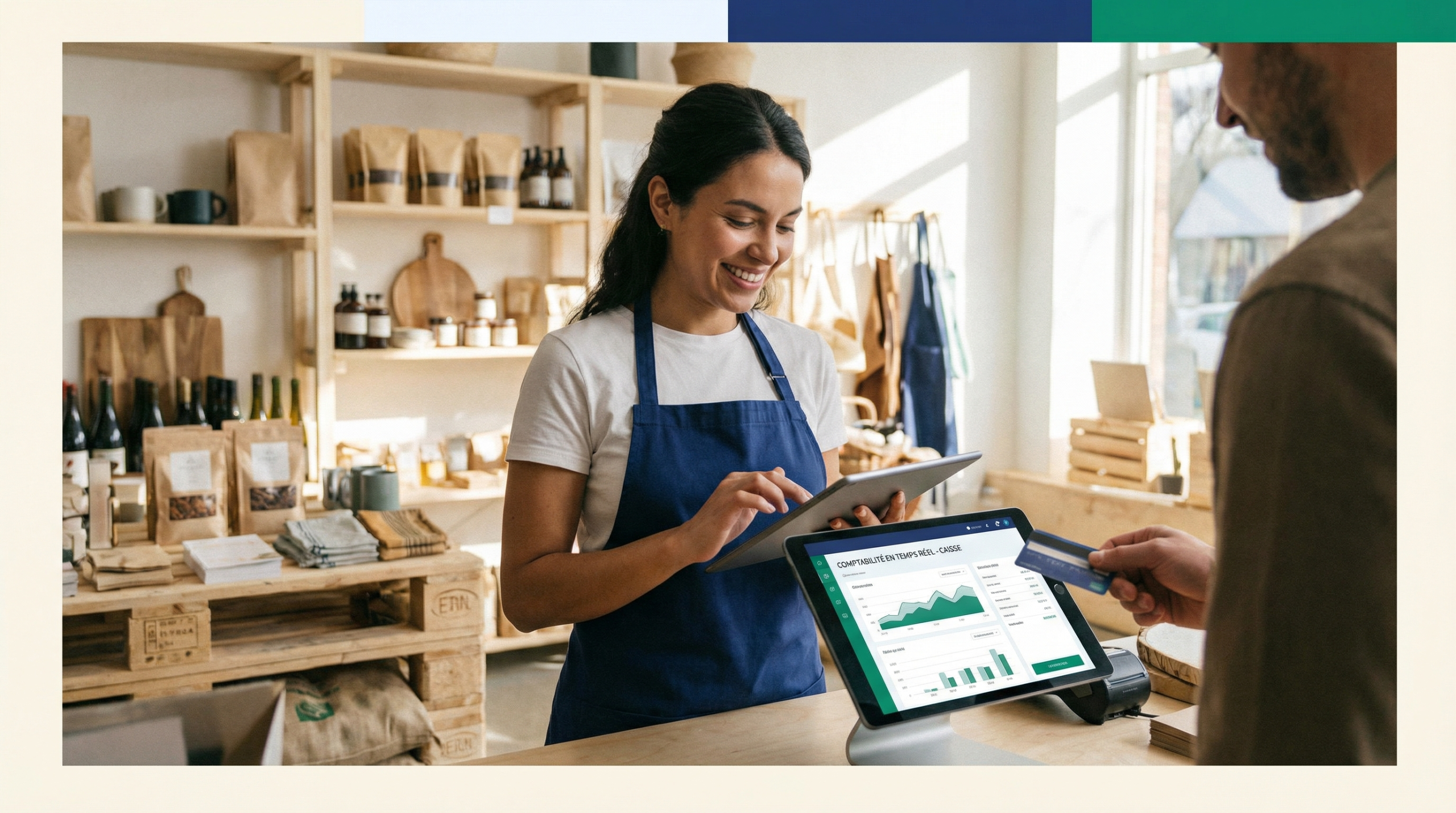 Commerçant utilisant une tablette pour gérer sa caisse et sa comptabilité en temps réel