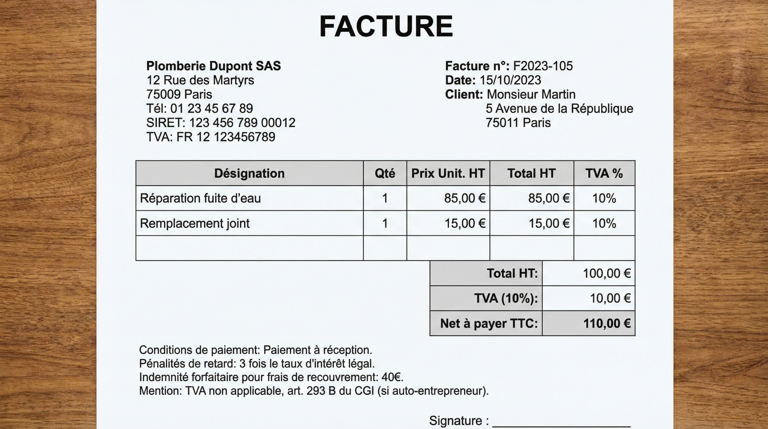 Exemple d'une facture de plombier bien structurée avec toutes les mentions légales